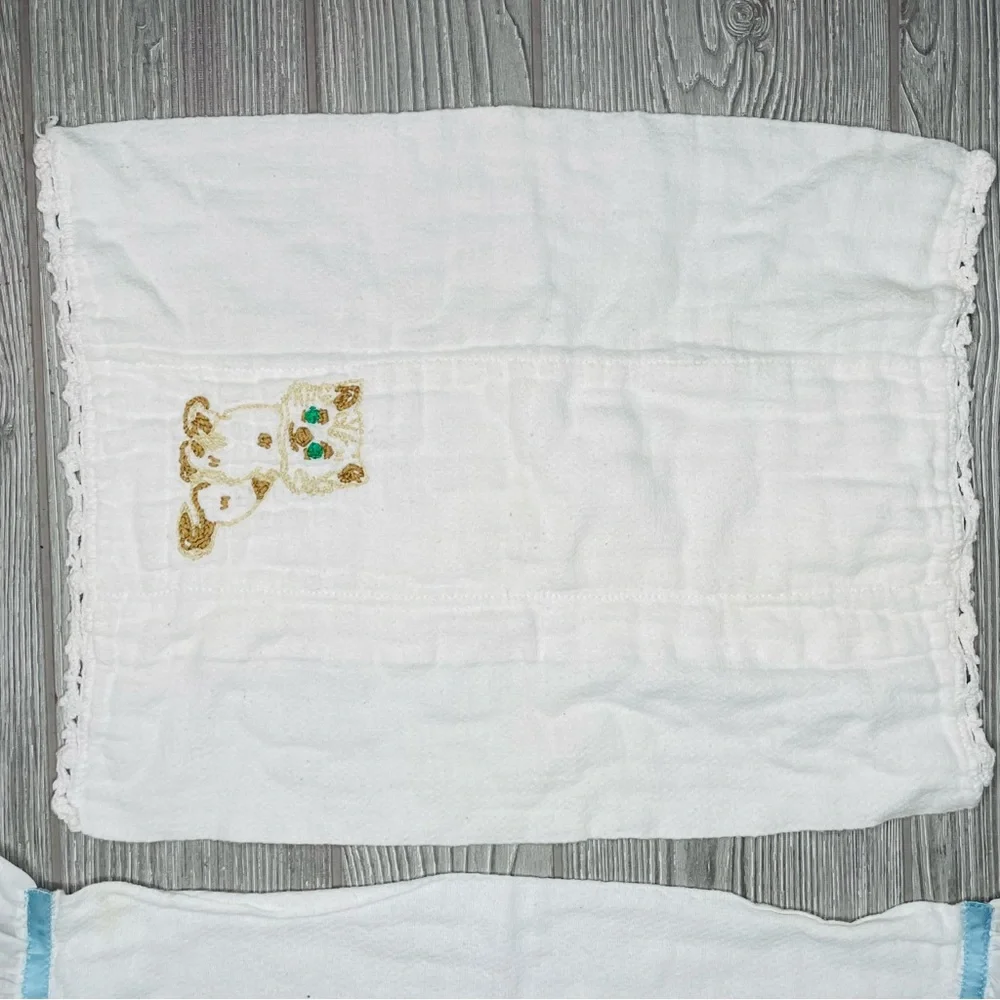 8 vintage hand made baby burp clothes / wash cloths embroidered / crochet / sewn